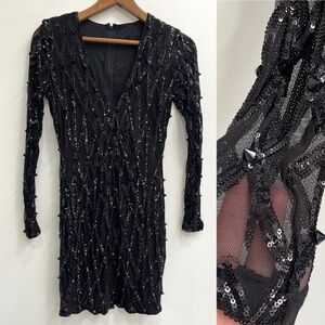 Black mesh sequined long sleeve mini dress V-neck pointed stud detail medium